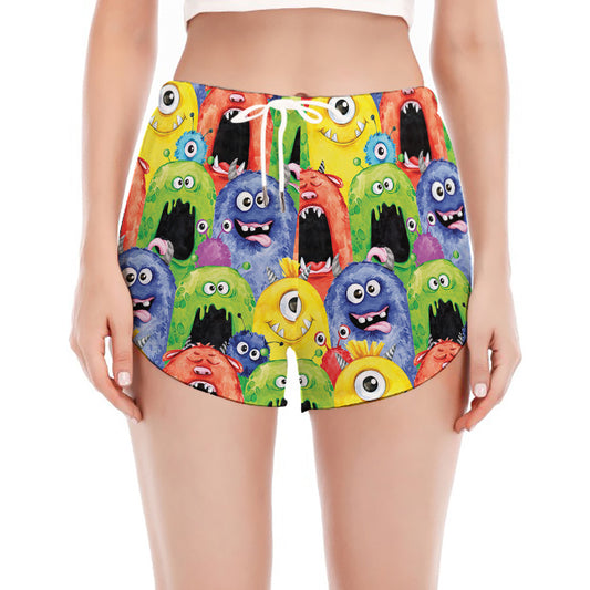Watercolor Monster Pattern Print Women's Split Running Shorts