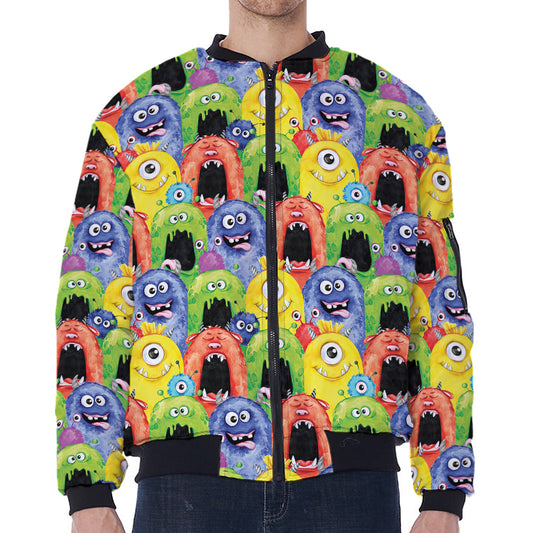 Watercolor Monster Pattern Print Zip Sleeve Bomber Jacket