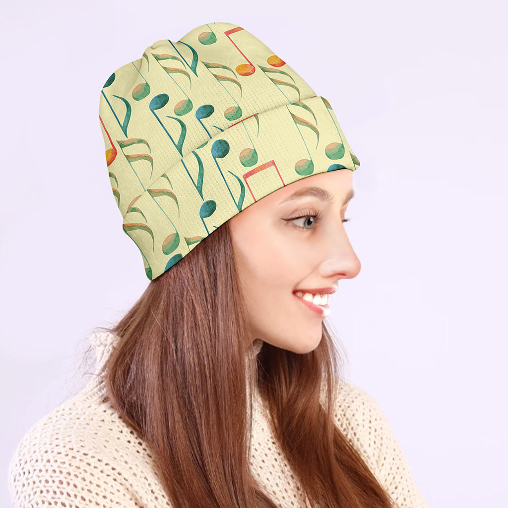 Watercolor Music Notes Pattern Print Beanie