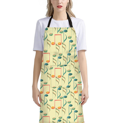 Watercolor Music Notes Pattern Print Bib Apron With Pocket