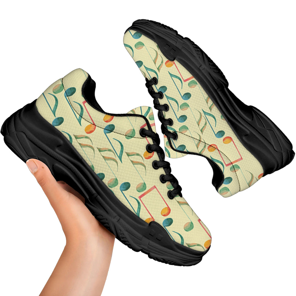 Watercolor Music Notes Pattern Print Black Chunky Shoes
