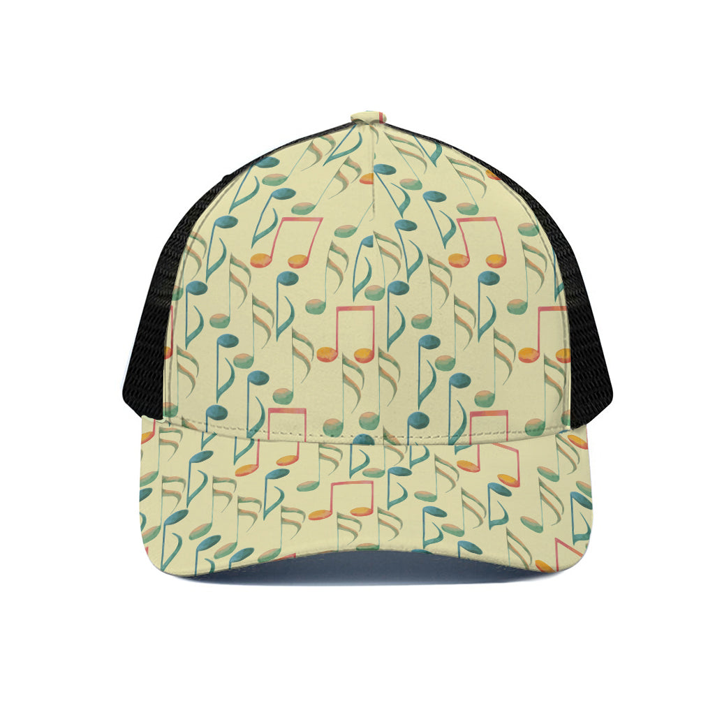 Watercolor Music Notes Pattern Print Black Mesh Trucker Cap