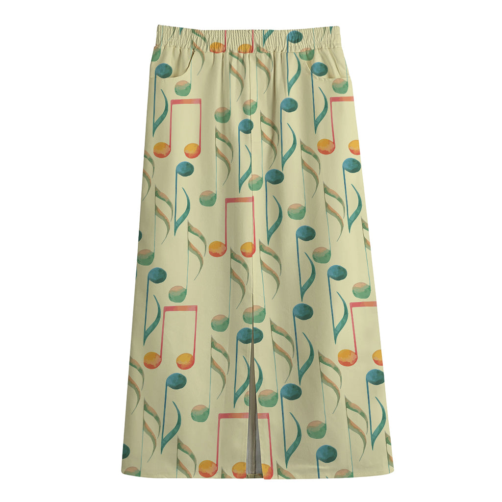 Watercolor Music Notes Pattern Print Cotton Front Slit Maxi Skirt