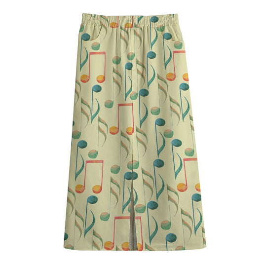Watercolor Music Notes Pattern Print Cotton Front Slit Maxi Skirt