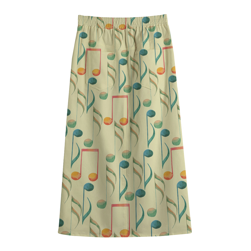Watercolor Music Notes Pattern Print Cotton Front Slit Maxi Skirt