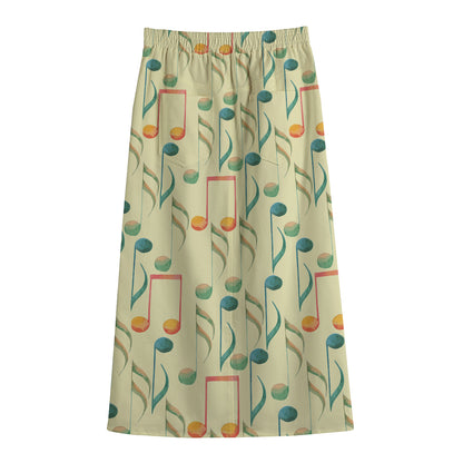 Watercolor Music Notes Pattern Print Cotton Front Slit Maxi Skirt