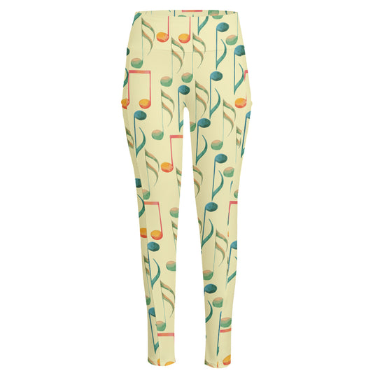 Watercolor Music Notes Pattern Print High-Waisted Pocket Leggings