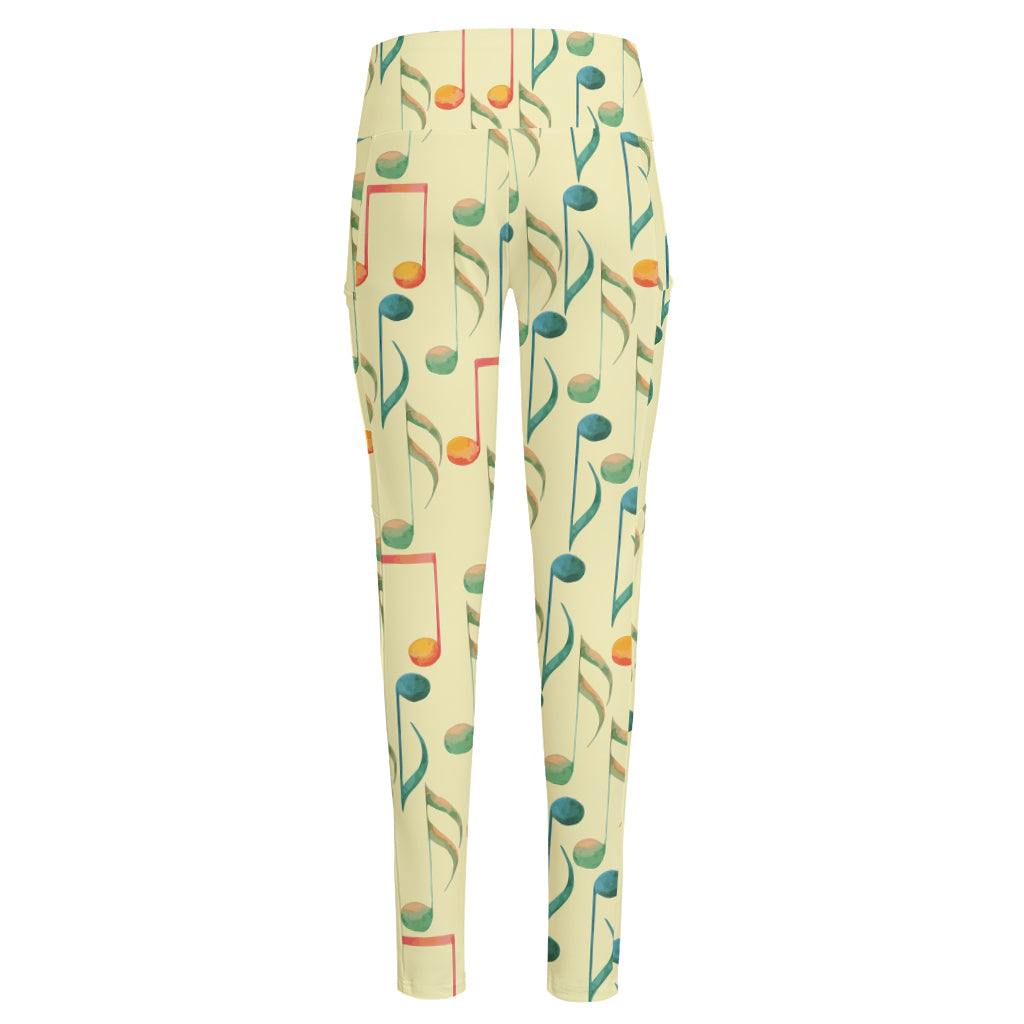 Watercolor Music Notes Pattern Print High-Waisted Pocket Leggings