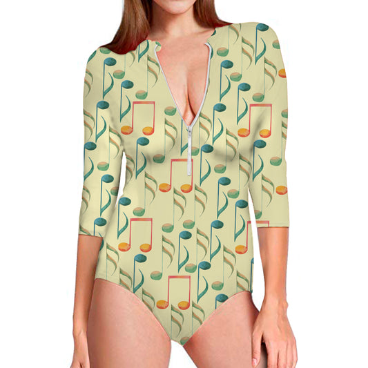 Watercolor Music Notes Pattern Print Long Sleeve Swimsuit