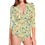 Watercolor Music Notes Pattern Print Long Sleeve Swimsuit