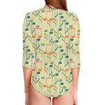 Watercolor Music Notes Pattern Print Long Sleeve Swimsuit