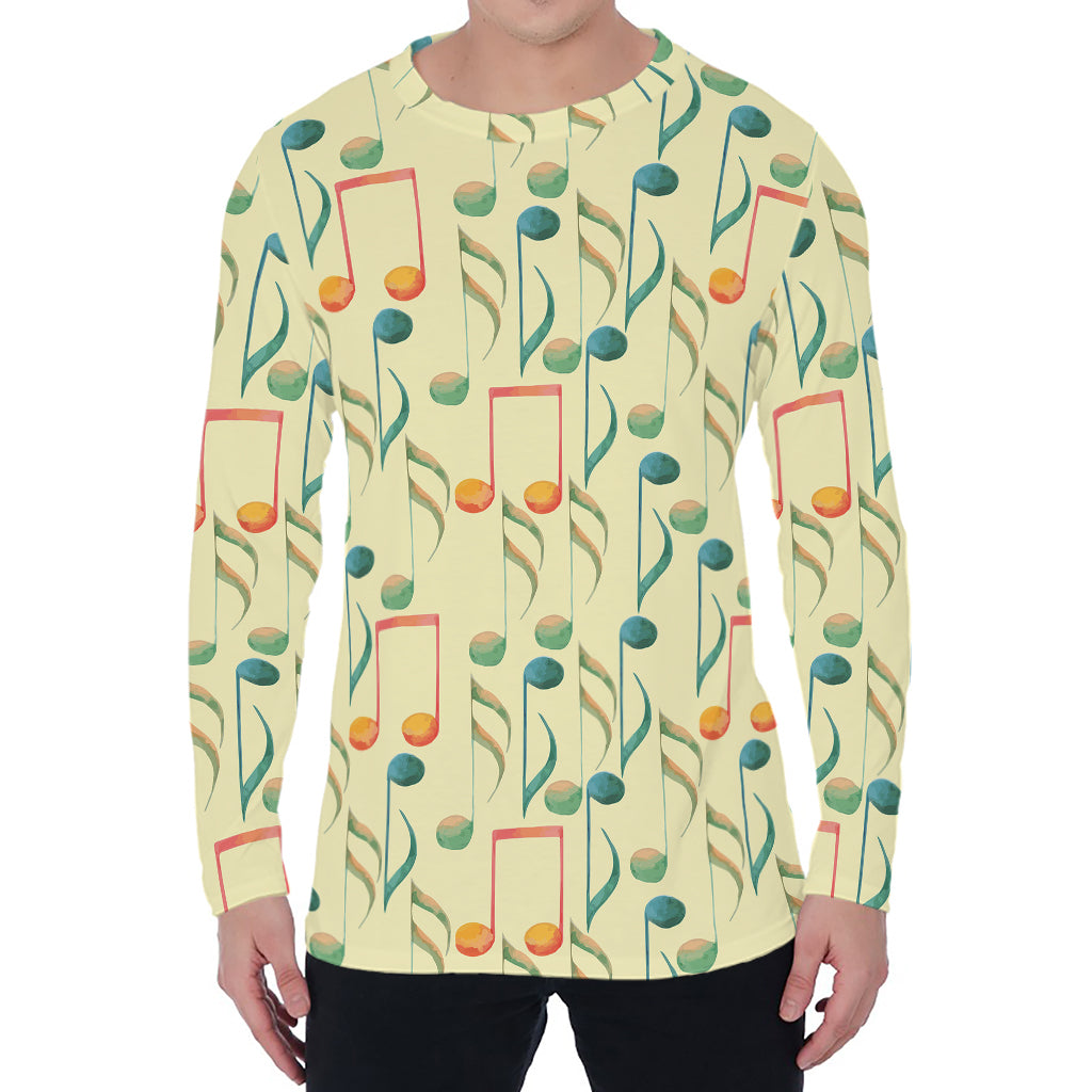 Watercolor Music Notes Pattern Print Men's Long Sleeve T-Shirt