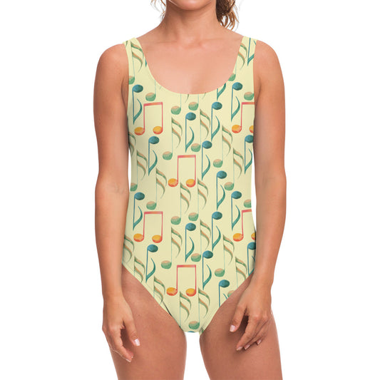 Watercolor Music Notes Pattern Print One Piece Swimsuit