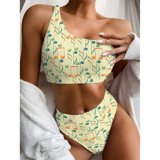 Watercolor Music Notes Pattern Print One Shoulder Bikini Top