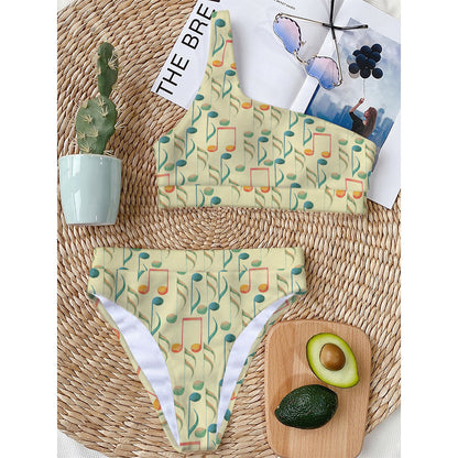 Watercolor Music Notes Pattern Print One Shoulder Bikini Top