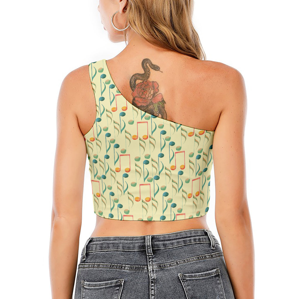 Watercolor Music Notes Pattern Print One Shoulder Crop Top