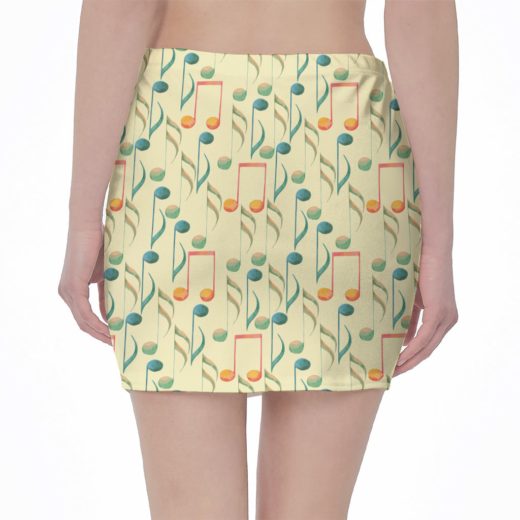 Watercolor Music Notes Pattern Print Pencil Mini Skirt