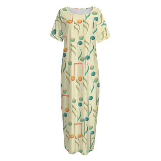 Watercolor Music Notes Pattern Print Short Sleeve Long Nightdress