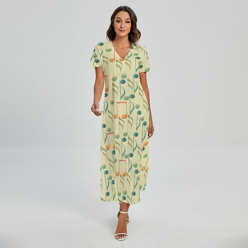 Watercolor Music Notes Pattern Print Short Sleeve Maxi Dress