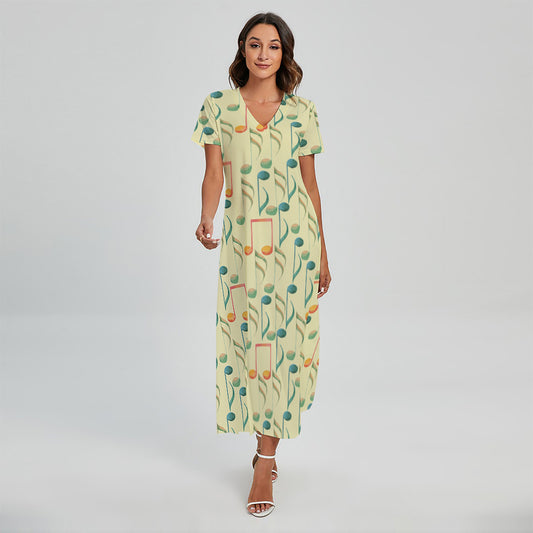Watercolor Music Notes Pattern Print Short Sleeve Maxi Dress