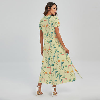 Watercolor Music Notes Pattern Print Short Sleeve Maxi Dress
