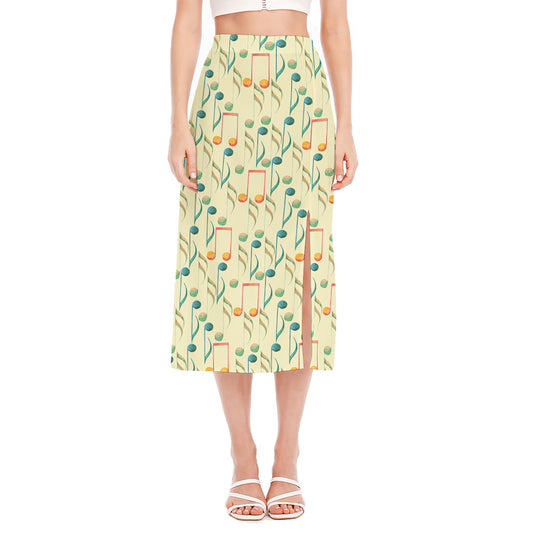 Watercolor Music Notes Pattern Print Side Slit Midi Skirt