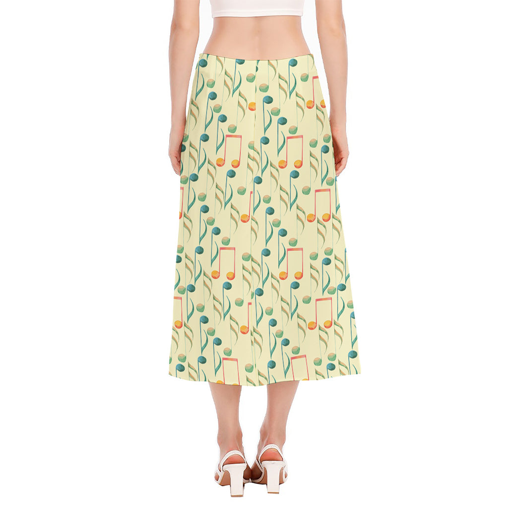Watercolor Music Notes Pattern Print Side Slit Midi Skirt