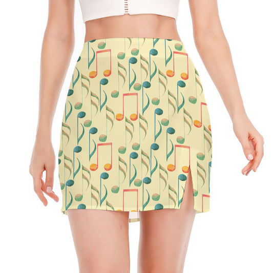 Watercolor Music Notes Pattern Print Side Slit Mini Skirt