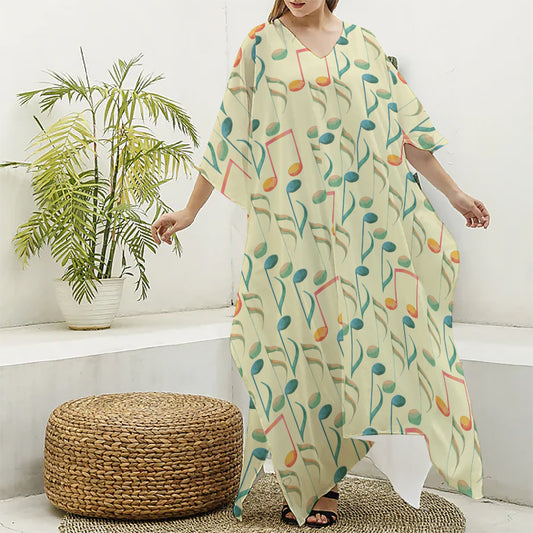 Watercolor Music Notes Pattern Print Silk V-Neck Kaftan Dress