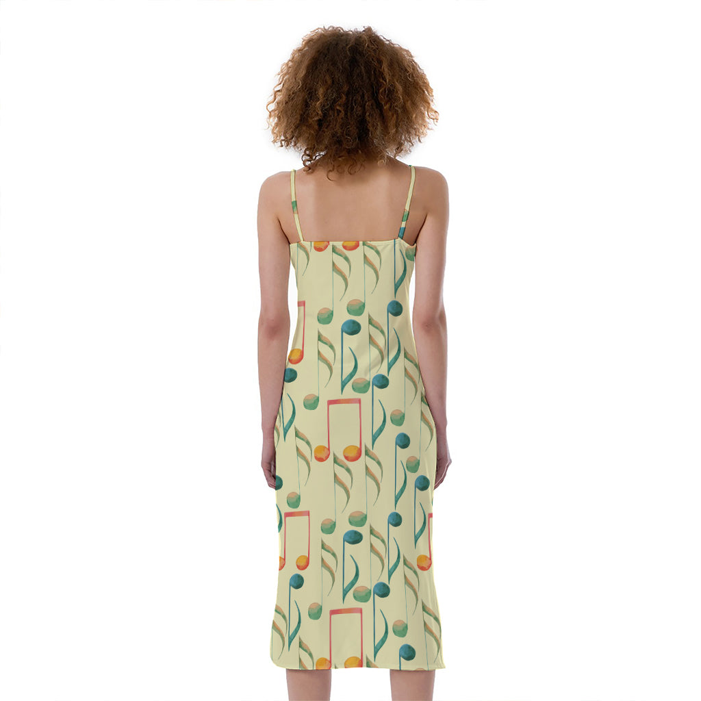 Watercolor Music Notes Pattern Print Slim Fit Midi Cami Dress