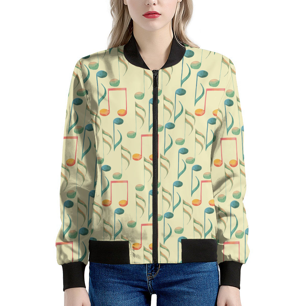 Watercolor Music Notes Pattern Print Women's Bomber Jacket