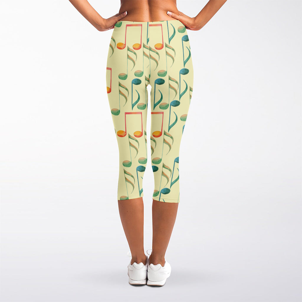 Watercolor Music Notes Pattern Print Women's Capri Leggings