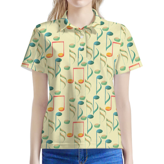 Watercolor Music Notes Pattern Print Women's Polo Shirt