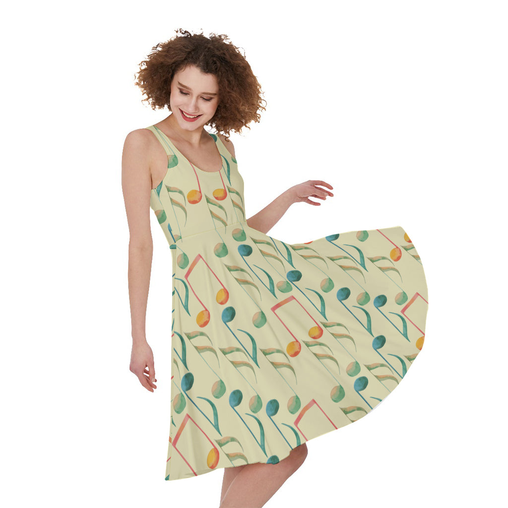 Watercolor Music Notes Pattern Print Women's Sleeveless Dress