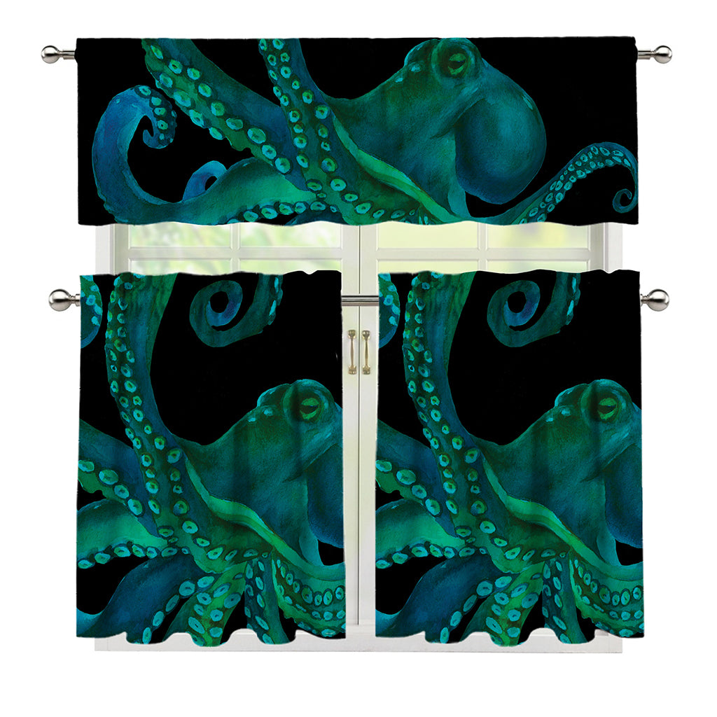 Watercolor Octopus Print 3 Piece Kitchen Curtains