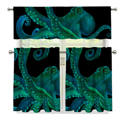 Watercolor Octopus Print 3 Piece Kitchen Curtains