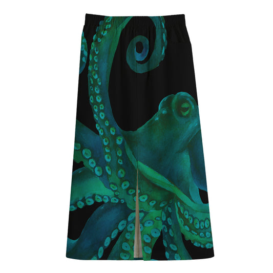 Watercolor Octopus Print Cotton Front Slit Maxi Skirt