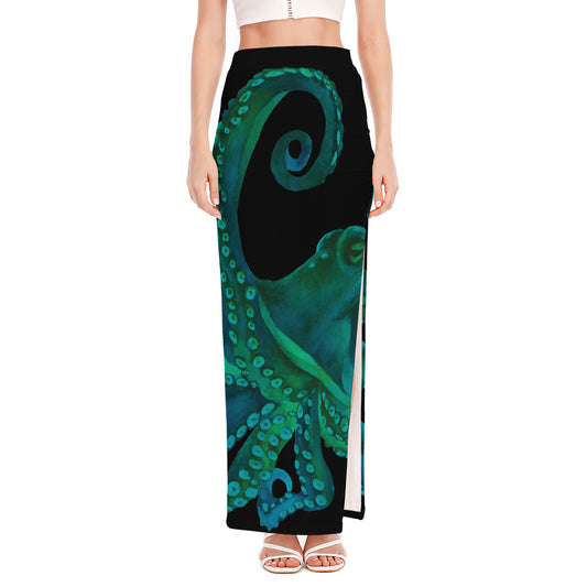 Watercolor Octopus Print High Slit Maxi Skirt