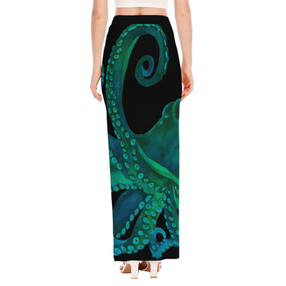 Watercolor Octopus Print High Slit Maxi Skirt