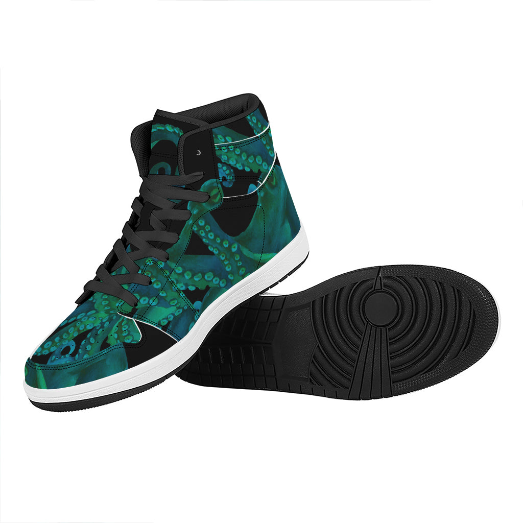 Watercolor Octopus Print High Top Leather Sneakers