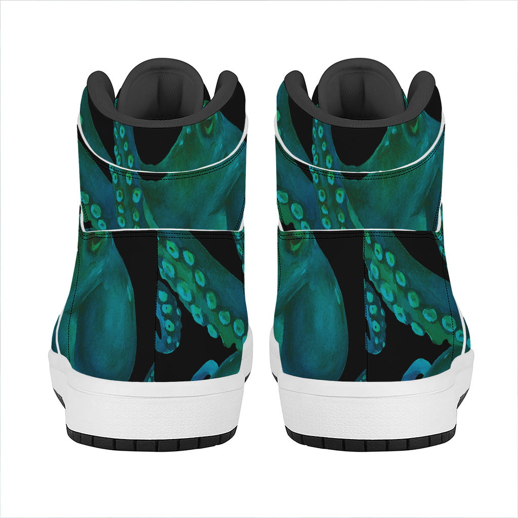 Watercolor Octopus Print High Top Leather Sneakers