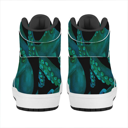 Watercolor Octopus Print High Top Leather Sneakers