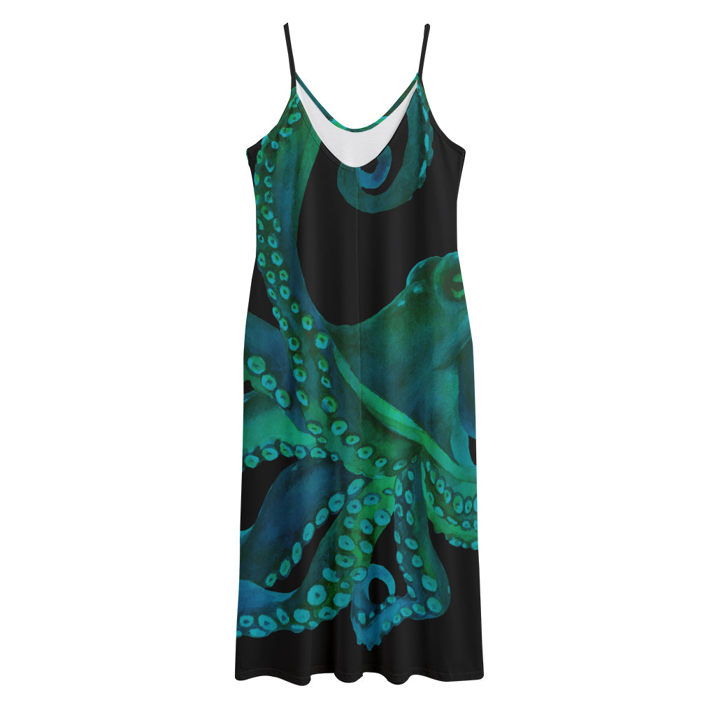 Watercolor Octopus Print Jersey Midi Cami Dress