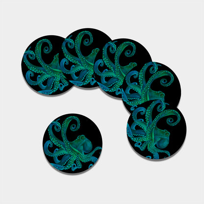 Watercolor Octopus Print Leather Coaster Set
