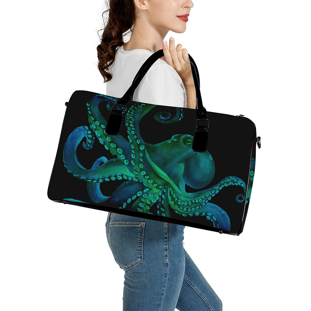 Watercolor Octopus Print Leather Duffle Bag