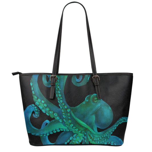 Watercolor Octopus Print Leather Tote Bag
