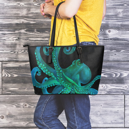 Watercolor Octopus Print Leather Tote Bag