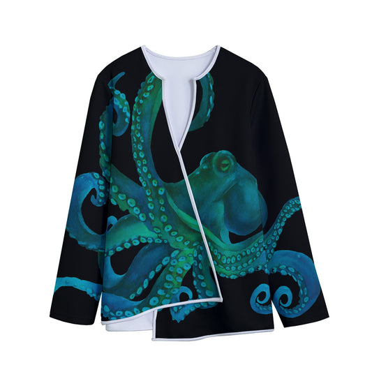 Watercolor Octopus Print Long Sleeve Short Coat