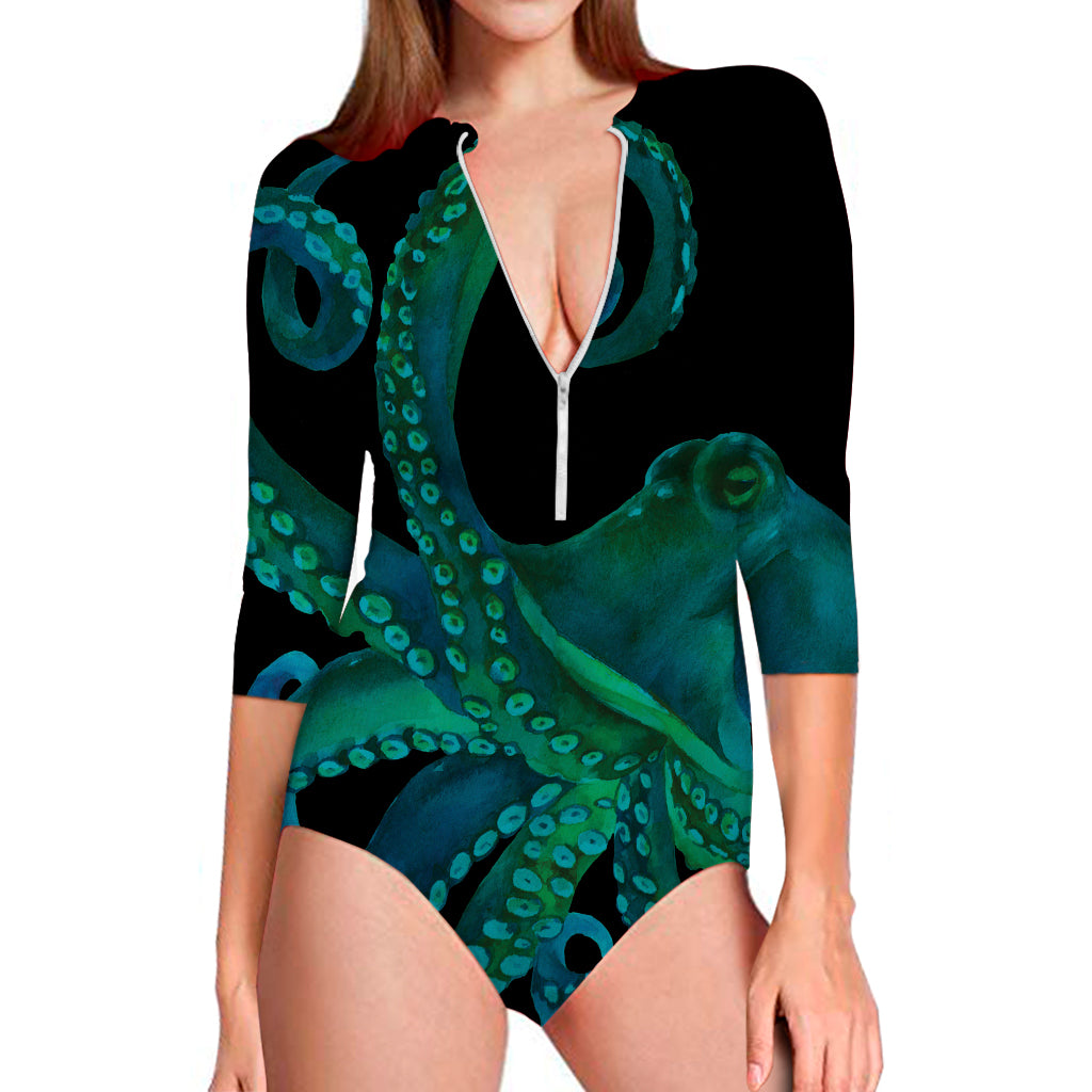 Watercolor Octopus Print Long Sleeve Swimsuit
