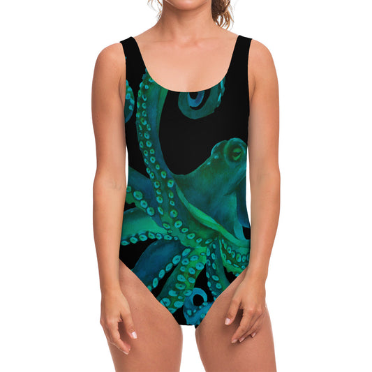 Watercolor Octopus Print One Piece Swimsuit